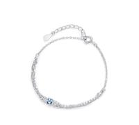 Homxi Bracelet Chain 18 Kt White Gold for Women, Double Layered Chains with Round and 0.3ct Aquamarine and Diamond, 6.3" + 1.97" Extender, Women's Bracelet Silver Blue