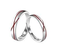 Homxi Couple Sterling Silver Rings Adjustable, Round with Red Line, Promise Ring Set Silver Red