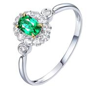 Homxi Engagement Ring 18 ct White Gold Womens, 4 Claws Oval with 0.3ct Emerald and Diamond, Silver Green Wedding Ring Bands for Women Size O 1/2