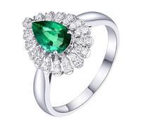 Homxi Engagement Ring White Gold 14 ct for Women, Water Drop with 0.79ct Emerald and Diamond, Eternity Wedding Band Silver Green Size O 1/2