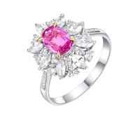 Homxi Engagement Ring Women 14 ct White Gold, Flower and 4 Claws Oval with 1.12ct Pink Sapphire and Diamond, Silver Pink Engagement Ring Bands for Women Size L 1/2