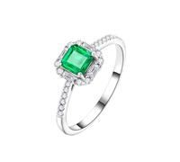 Homxi Engagement Ring Womens 9 ct White Gold, Square with 0.5ct Emerald and Diamond, Eternity Ring Silver Green Size J 1/2