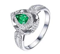 Homxi Engagement Rings 18ct White Gold for Women, Hollow and Water Drop with 0.6ct Emerald and Diamond, Womens Wedding Ring Silver Green Size O 1/2