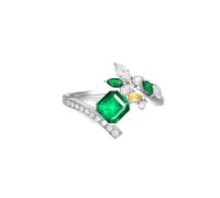 Homxi Engagement Rings Bands for Women 18ct White Gold, Leaf with 0.97ct Created Emerald and Moissanite, Silver Green Jewelry for Women Promise Rings Size T 1/2