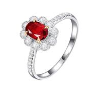 Homxi Engagement Rings for Women Platinum 950, Flower and 4 Claws Oval with 0.7ct Ruby and Diamond, Womens Silver Red Engagement Rings Size U 1/2