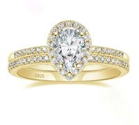 Homxi Engravable Women 925 Sterling Silver Promise Ring, 2 Ring Set with 6x9MM Water Drop with Cubic Zirconia, Engagement Rings Gold Band for Women Size O 1/2