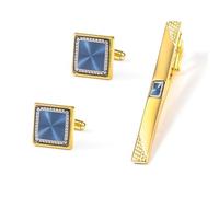 Homxi Gold Blue Cufflinks and Tie Clips for Men for Wedding, Copper Square with Vintage Pattern, Dress Shirts for Men Cuff Link