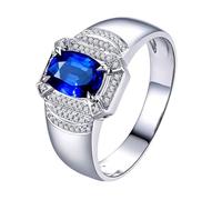 Homxi Men's Anniversary Ring 9 K White Gold, 4 Claws Oval with 1.2ct Sapphire and Diamond, Eternity Band Silver Blue Size O 1/2
