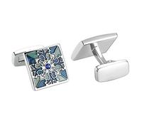 Homxi Men's Cufflinks, Square Flower Pattern, Stainless Steel, Blue Green