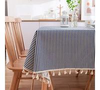 Homxi Outdoor Tablecloth Rectangle Table 55 W x 62 L,Tablecloth Cover Navy Blue Stripes with Tassels Cotton Linen Dining Room Table Cloth