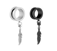 Homxi Piercing Jewelry 2 Pieces 3/4 inch Stainless Steel Ear Gauges Gauges for Ears Men 20mm Round with Leaf Ear Tunnels and Plugs Silver Black