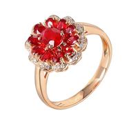 Homxi Promise Ring 14 ct Yellow Gold for Women, Flower with 1.55ct Created Ruby and Moissanite, Engagement Ring Gold Red for Women Size O 1/2