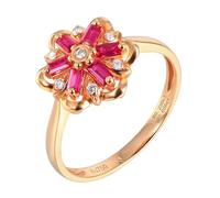 Homxi Promise Ring Gold 18 ct for Women, Flower with 0.25ct Created Ruby and Moissanite, Womens Gold Red Rings Size R 1/2