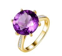 Homxi Promise Ring Women Yellow Gold 14ct, 6 Prongs Round with 6ct Amethyst and Diamond, Gold Purple Wedding Bands for Women Size R 1/2