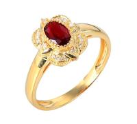 Homxi Promise Ring Yellow Gold 18ct for Women, Flower and Oval with 0.5ct Created Ruby and Moissanite, Wedding Bands for Women Gold Red Ring Size P 1/2