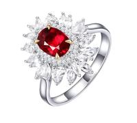 Homxi Promise Rings 14K White Gold for Women, Flower and 4 Claws Oval with 0.79ct Ruby and Diamond, Engagement Rings Women Silver Red Size S 1/2