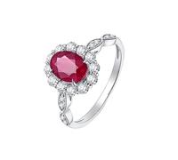 Homxi Promise Rings for Women 14 K White Gold, Flower and Oval with 0.9ct Ruby and 0.35ct Diamond, Silver Red for Women Wedding Ring Size N 1/2