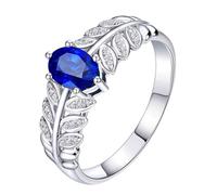 Homxi Promise Rings for Women White Gold 9K, Leaf Branch and Oval with 0.45ct Sapphire and Diamond, Silver Blue Ring Engagement Size T 1/2