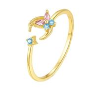 Homxi Ring for Women 14K Yellow Gold, Moon and Flower with Created Gemstone, Wedding Ring Women Gold Size 9