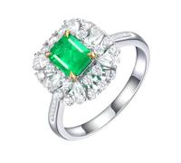 Homxi Wedding Band for Women Platinum 950, 4 Claws Square with 0.75ct Emerald and Diamond, Silver Green Wedding Ring Women Size M 1/2