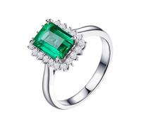 Homxi Wedding Band Rings for Women 14 K White Gold, 4 Claws Rectangle with 1.85ct Emerald and Diamond, Eternity Ring for Women Silver Green Size K 1/2