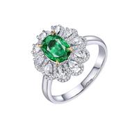 Homxi Wedding Ring Platinum 950 Band Women, Flower and 4 Claws Oval with 1.15ct Emerald and Diamond, Wedding Ring Womens Silver Green Size R 1/2
