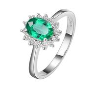 Homxi Wedding Ring Women White Gold 9 ct, Flower and Oval with 0.85ct Created Emerald and Moissanite, Womens Promise Ring Silver Green Size O 1/2
