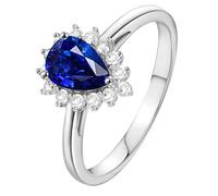 Homxi Wedding Rings White Gold 18ct Women, Flower and Water Drop with 0.5ct Created Sapphire and Moissanite, Silver Blue for Women Rings Size L 1/2
