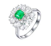 Homxi White Gold Promise Ring for Women 18K, Flower and 4 Claws Square with 0.59ct Emerald and Diamond, Wedding Band Silver Green Women Size O 1/2