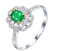 Homxi Women 18 K White Gold Wedding Bands Rings, Flower and 4 Claws Oval with 0.33ct Emerald and Diamond, Promise Rings for Women Silver Green Size T 1/2