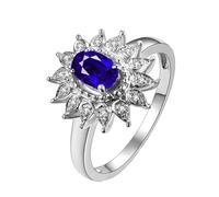Homxi Women 18ct White Gold Engagement Rings, Flower and Oval with 0.5ct Created Sapphire and Moissanite, Ring Silver Blue Wedding Size M 1/2