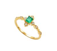 Homxi Women Engagement Ring 9ct Gold, Rectangle with 0.15ct Emerald and 0.07ct Diamond, Wedding Bands for Women Gold Green Size O 1/2