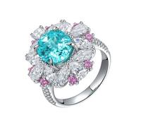 Homxi Women Engagement Rings White Gold 14 ct, Flower and Oval with Created Paraiba Tourmaline and Moissanite, Womens Wedding Bands Silver Lake Blue Ring Size O 1/2