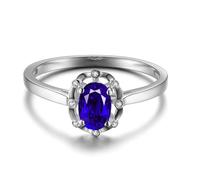 Homxi Women Promise Ring 18ct White Gold, Oval with 0.5ct Created Sapphire and Moissanite, Silver Blue Wedding Bands Women Ring Size I 1/2