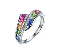 Homxi Women Promise Ring White Gold 14 K, Geometric with Ruby Sapphire Tsavorite and Diamond, Ring Women Silver Colorful Size O 1/2