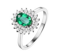 Homxi Women Rings Wedding 14 ct White Gold, Flower and Oval with 0.45ct Created Emerald and Moissanite, Engagement Rings Silver Green for Women Size O 1/2