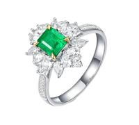 Homxi Women Rings Wedding 9 ct White Gold, Flower and Square with 0.87ct Emerald and Diamond, Womens Silver Green Wedding Bands Size O 1/2