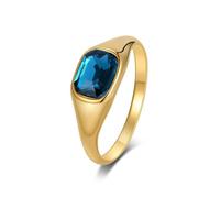 Homxi Women Stainless Steel Wedding Ring Engraved, Solitaire Rectangle with Cubic Zirconia, Wedding Bands Gold Blue Womens Size R 1/2