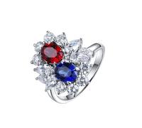 Homxi Womens Anniversary 14K White Gold Ring, Flower and Oval with Created Ruby Created Sapphire and Moissanite, Promise Rings Silver Blue Red for Women Size T 1/2