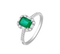 Homxi Women's Engagement Ring 14 ct White Gold, 4 Prong Rectangle with 0.9ct Emerald and Diamond, Wedding Ring Silver Green Band Women Size O 1/2