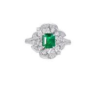 Homxi Women's Engagement Ring White Gold 9ct, Flower and 4 Claws Rectangle with 0.85ct Created Emerald and Moissanite, Ring Anniversary Silver Green Women Size M 1/2