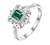Homxi Women's Promise Ring Platinum 950, Leaves and 4 Claws Square with 0.5ct Emerald and Diamond, Silver Green Eternity Band Rings for Women Size O 1/2