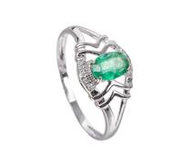 Homxi Womens Wedding Bands 14 K White Gold, 4 Prongs Oval with Emerald and Diamond, Womens Wedding Band Silver Green Size L 1/2