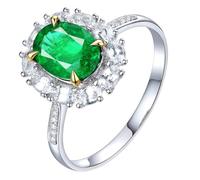 Homxi Womens Wedding Bands Platinum 950, 4 Claws Oval with 1.15ct Emerald and Diamond, Silver Green Wedding Band for Women Size P 1/2