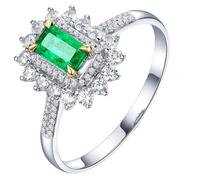 Homxi Women's Wedding Bands Platinum 950, Flower and 4 Claws Rectangle with 0.4ct Emerald and Diamond, Silver Green Wedding Band Rings for Women Size O 1/2