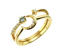 Homxi Womens Yellow Gold Band Ring 18K, Moon and Star with Created Topaz and Moissanite, Gold Band Ring Woman Size 8.5