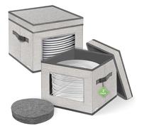homyfort China Storage Containers With Lid and Handles, Dinnerware Storage Box for Dishes with 12 Felt Dividers, Hold 24 Plates,12 x 12, Set of 2, Light Grey