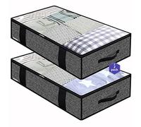 homyfort Pack of 2 Heavy Duty Extra Large Clothes Blanket Bags with Clear Window, Foldable Fabric Underbed Storage Bag with 4 Reinforced Handles, 100 x 50 x 15 cm, Black Linen-like, DEXAUBBP2