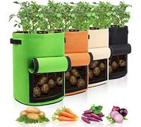 Homyhoo 4 Pack Potato Growing Bag with Flap 10 Gallon Planter Pots with Handles and Harvest Window for Potato Tomato and Vegetables, Black Green Orange and Beige