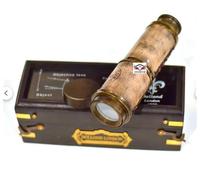 HOMYZ Nautical Brass And Leather Finish Victorian Telescope With Wooden Box, Engraved Marine Telescope Pirates spyglass telescope birthday present, gift for him